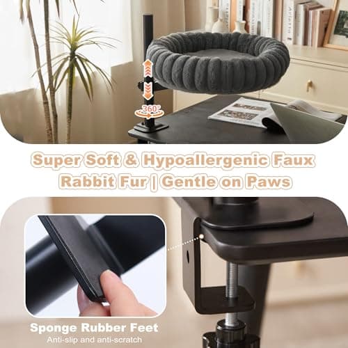 Dogpals 360° Rotating Cat Bed for Desk, Height Adjustable Cat Perch with Semi-Enclosed Design & Removable Cushion, No-Drill Clamp fits up to 1.18" Desk, Supports 9lbs for Office, Gaming Table, Grey - Thumbnail 2
