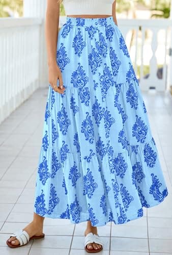 BTFBM Maxi Skirts for Women Summer Outfits Elastic High Waist A Line Boho Beach Vacation Cruise Floral Long Skirt 2026(Light Blue Blue Flower, Medium) - Thumbnail 4