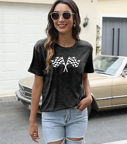 IsPICK Start Your Engines Shirt for Women Racing Car Checkered Graphic Tees - Thumbnail 3