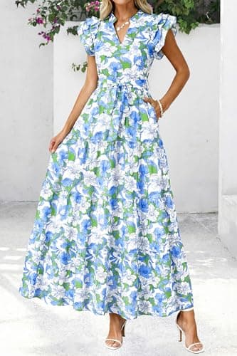dowerme Women Summer Maxi Dresses 2026 Ruffle Sleeve V Neck Floral Boho Long Dress Belted Tiered Sundress with Pockets(Floral White Multicolored,XX-Large) - Thumbnail 5