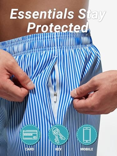 Arcweg Mens Swimming Trunks 2 in 1 with Boxer Liner 5.5" Quick Dry Swimwear Bathing Suit Swim Shorts with Zipper Pockets M(US) Blue Stripes - Thumbnail 5