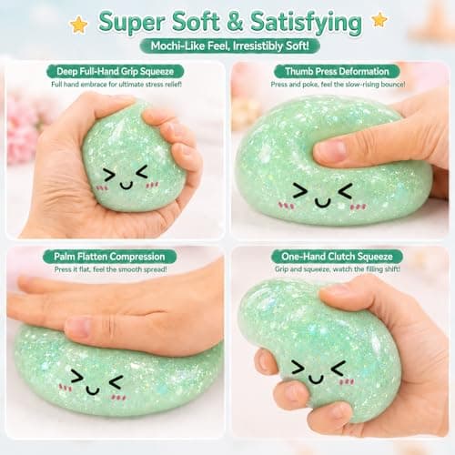Glitter Green Dumpling Squishies, Shimmering Colorful Squishies Dumplings, Mystery Bao Bun Squishys with Steamer Box, Soft Squeeze Stretch Desk Toy for Stress Relief, Washable Fidget Sensory Tool - Thumbnail 5
