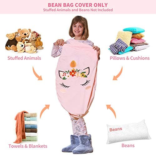 Aubliss Stuffed Animal Storage Bean Bag Chair Cover for Kids,X-Large Velvet Extra Soft Zipper Beanbag for Organizing Toddler and Kids' Rooms Plush Toys,Bean Bag Chair Cover Only,Unicorn Pink Floral - Thumbnail 3