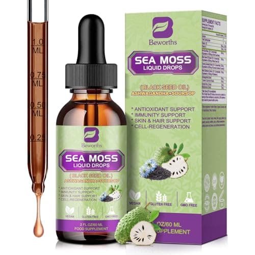 B BEWORTHS Sea Moss Liquid Drops - Irish Sea Moss & Black Seed Oil with Ashwagandha, Soursop Bitters, Elderberry, Burdock Root, Bladderwrack, Seamoss Supplement Support Antioxidant, Immune, Gut Health