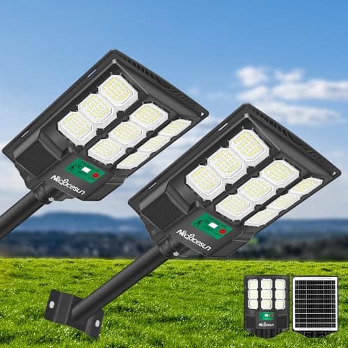 Mcfacesun Solar Lights Outdoor 12000LM -6500K Solar Street Light, IP66 Waterproof Outdoor Flood Lights with Motion Sensor & Dusk to Dawn, led solared Street Light Easy Installation, Pack of 2
