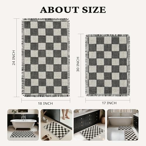 MatEssenz 2 Piece Checkered Bath Mat Set (17"x24" & 18"x30"), Black and White Waffle Weave Bathroom Rugs with Tassels, Non-Slip Quick Dry Shower Mats, Machine Washable Skin-Friendly Boho Decor - Thumbnail 2