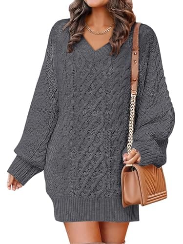 ANRABESS Womens Long Sleeve V Neck Oversized Cable Knit Mini Sweater Dresses 2026 Winter Fall Trendy Pullover Tunic Outfits Deep Grey Large - Image 1