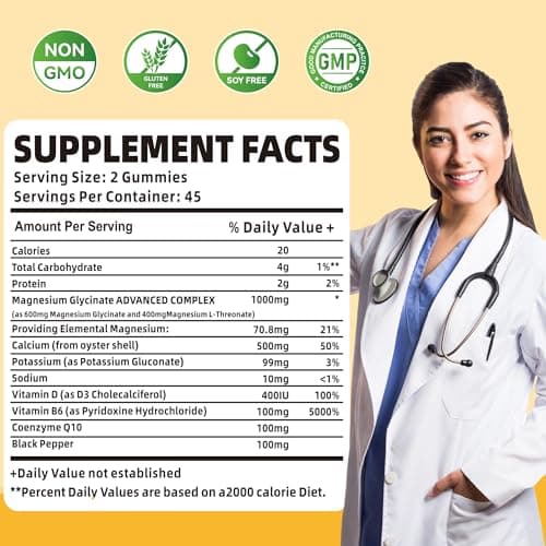 Magnesium Glycinate Gummies 1000mg - Sugar Free Magnesium Potassium Supplement with Vitamin D, B6, CoQ10 for Calm Mood & Sleep Support - 180 Mango Pineapple - Thumbnail 4