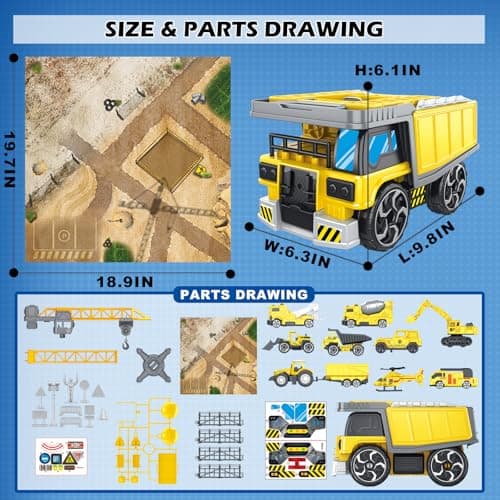 Frontoytall Construction Vehicles Track Set with Excavator, Dump Truck, Cement Truck, Wheel Loader & Rotating Crane, Car Carrier for Storage, STEM Building Toy for Kids Ages 3-12 (ASTM Certified) - Thumbnail 6