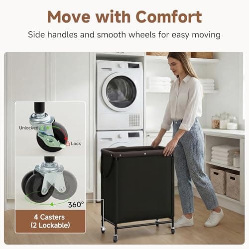 StorageWorks 2 Section Laundry Hamper, Rolling Laundry Cart with Wheels and Handles, Laundry Room Double Sorter for Organizer and Storage, 26.4 Gal(100L), Black - Thumbnail 4