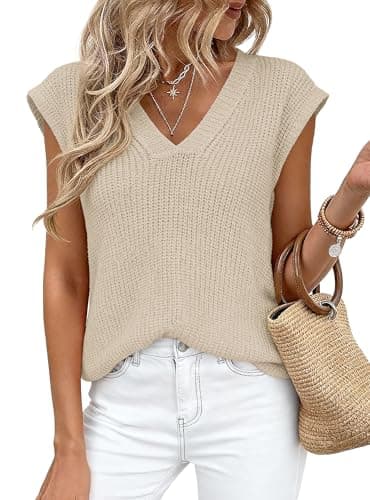 PRETTYGARDEN Women's 2026 Lightweight Sweaters Vest Spring Trendy Cap Sleeve V Neck Knit Tank Tops Summer Going Out Outfits (Apricot,Small) - Image 1