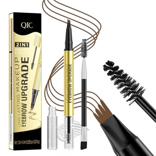QIC 4-Tip Microblading Eyebrow Pencil and Sealing Brow Gel, Waterproof Long-lasting Magic Eyebrow Pen for Natural Makeup in Brown