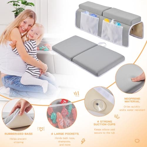 ILPEOD Bath Kneeler and Elbow Rest Pad Set, Thick Soft Quick Dry Bathtub Mat for Baby Bathing Time, Memory Foam With Toys Organizer, Gifts for Parents, Grey - Thumbnail 6