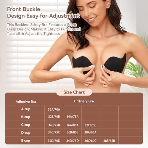 Strapless Sticky Bra Invisible Adhesive Bras with Front Clasp Silicone Stick on Ladies Push Up Seamless Reusable (US, Cup Band, B, Beige + Navy) - Thumbnail 4