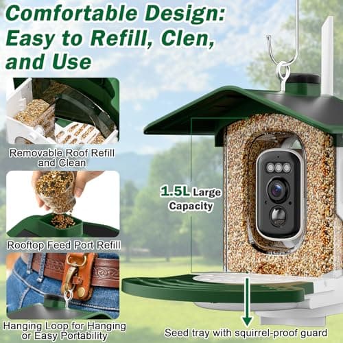Jarkyfine Smart Bird Feeder with Camera Solar Powered - AI Bird Identification, 2.4Ghz WiFi, 2K HD Video Live Stream Camera, 3MP Photos, 2.9in Focus, Gifts for Mom Dad Birdlovers, Green - Thumbnail 6