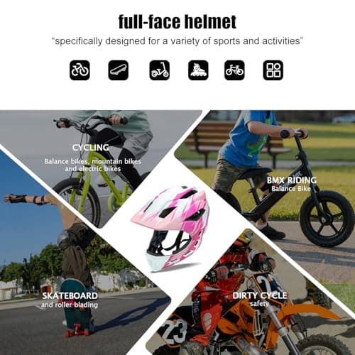 Natuway Toddler and Kids Full Face Helmet, Girl and Boy BMX Multi-Sport Detachable Mountain Dirty Bike Helmet (White and Pink) - Thumbnail 2