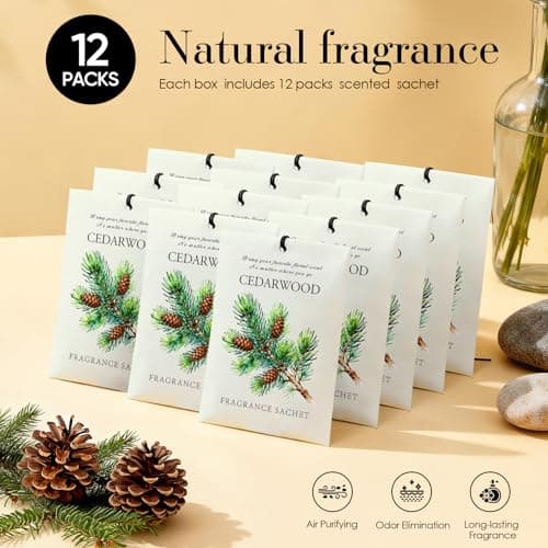 HOMELLAX Cedarwood Scented Sachet Bags - 12 Pack Drawer & Closet Freshener, Long Lasting Odor Eliminator for Wardrobes, Cars & Storage, Home Fragrance Air Freshener Sachets - Thumbnail 4