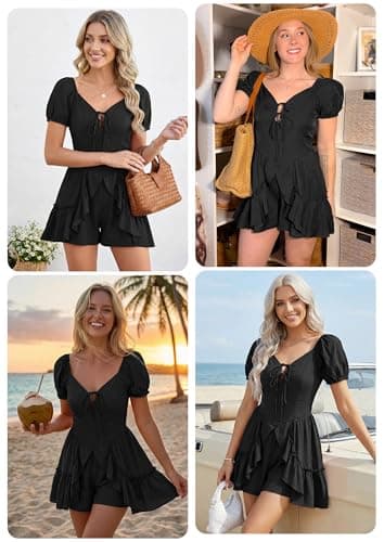 ECOWISH Womens Summer Short Rompers Tie Front V Neck Short Sleeve Ruffle Hem Beach Romper Dress with Pockets 2026 Black Small - Thumbnail 5