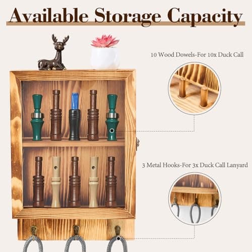 Dononr Duck Call Display Rack with 10 Slots and 3 Lanyard Hooks – Duck Hunting Gear with Clear Acrylic Door – Wood Wall Mounted Storage Case Organizer for Men and Collectors, Rustic - Thumbnail 5