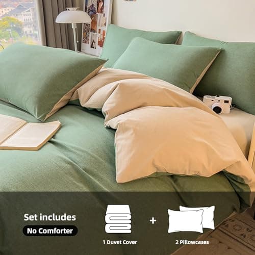 DCSKY Duvet Cover Set - 100% Washed Cotton, 3 Piece Pre-Washed Super Soft Breathable Bedding with Duvet Cover and 2 Pillow Cases (04Green(No Comforter), King (104''x90'')) - Thumbnail 2