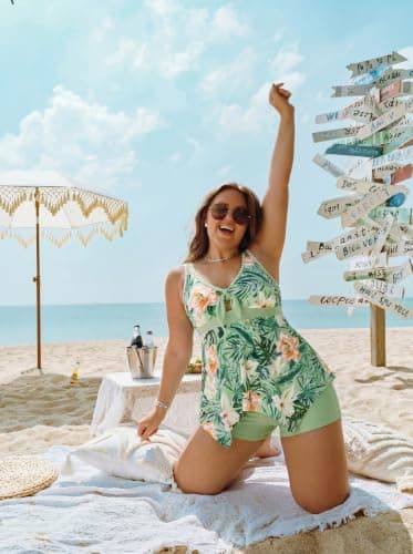 Hanna Nikole Plus Size Tankini Womens Tankini Bathing Suits High Waisted Tankini Swimsuits for Women Plus Size Orange Flowers 24 Plus - Thumbnail 3