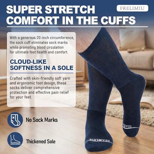 Frelimiu Diabetic Socks for Men, 4 Pairs Seamless Crew Socks with Non Binding, Soft Cushioned Sole Sock with Loose Top, Diabetes Sock Men for Neuropathy, lymphedema, Edema, Swollen Feet, 8-11(L) - Thumbnail 5