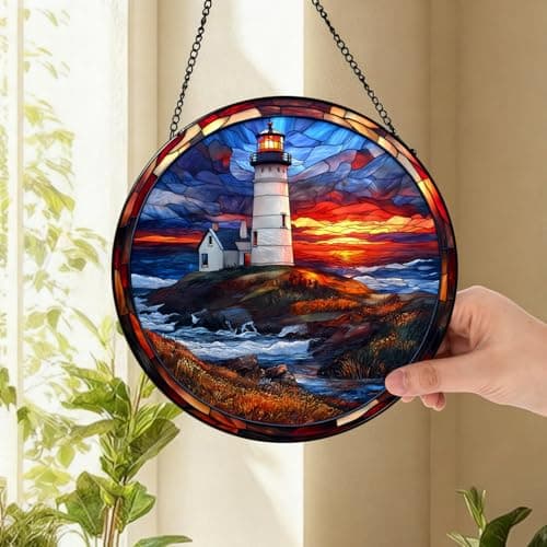 Zizzie Coastal Lighthouse in Autumn Suncatcher -7.9 in Stained Glass Window Hanging Sun Catcher Garden Decor - Thumbnail 4