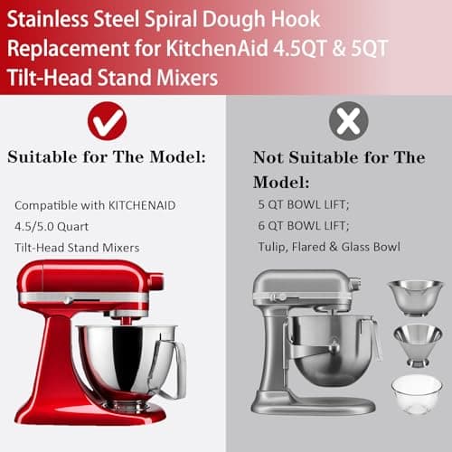 Stainless Steel Spiral Dough Hook for KitchenAid Tilt-Head Stand Mixers 4.5 & 5 Quart, Rustproof Replacement Dough Hook for Bread, Pizza, Pasta & Cookie Dough - Thumbnail 2