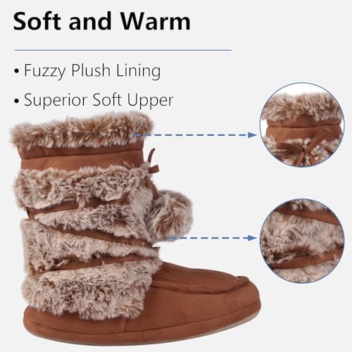 Forfoot House Slippers, Warm Soft Plush Lining Slippers Boots for Women Indoor Anti-Slip Shoes Soft Sole Lace Pom Pom Bedroom Booties Size 9/10 - Thumbnail 6