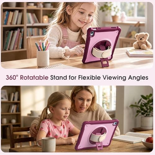 ProCase Kids Case for iPad A16 11th Gen 11" 2025/iPad 10th Gen 10.9" 2022 with Screen Protector, Fully-Body Shockproof Rugged Protective Cover with Rotatale Stand Hand/Shoulder Strap -Raspberry - Thumbnail 3