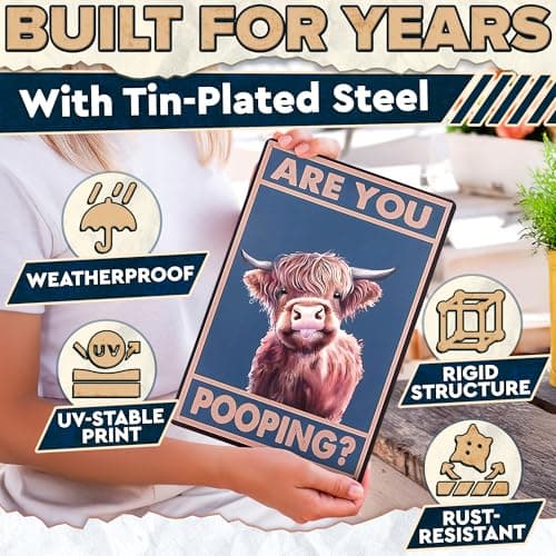 Are You Pooping Cow Sign - Funny Bathroom Decor Metal Sign with Anti-Rust Coating 12x8 Inch - Highland Cow Decor for Home, Metal Wall Plaque for Toilet, Tin Wall Art – Farmhouse Funny Bathroom Art - Thumbnail 3