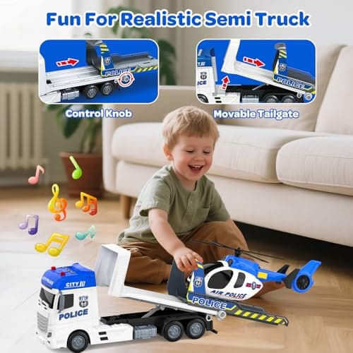 21.2 Inch Semi Police Truck Toy for 3 4 5 Years Old Boys - With Racing Car and Helicopter, Friction Powered Transport Truck Crane Vehicle with Lights and Sounds for Boy Christmas Birthday Gifts - Thumbnail 5