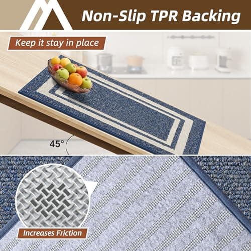 COSY HOMEER Kitchen Rugs Non-Slip 20x30/20x48 Inch Thick Polypropylene Standing Mat for Home Machine Washable, Bule Frame - Thumbnail 3