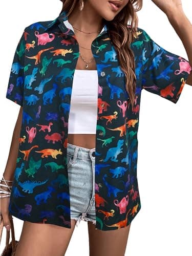 80s 90s Outfits for Women Retro Theme Disco Party Shirts Short Sleeve Button Down Funny Hawaiian Shirt Blouse Tops Multcolor 2XL - Image 1