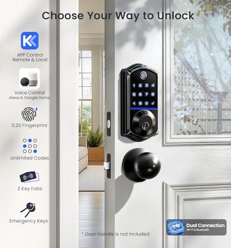 Veise VE017G Wi-Fi Keyless Entry Door Lock, App Remote & Voice Control, Fingerprint Smart Locks for Front Door, Touchscreen Electronic Keypad Deadbolt, Auto Lock, Emergency Power Port, Matte Black - Thumbnail 2