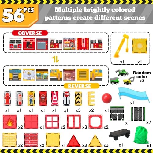 Magnetic Tiles for Kids, 56PCS Construction Magnet Tiles with Fire Truck Station, Building, Road, Crane, Car Truck - STEM Magnetic Blocks for Kids Ages 4-8, Toys for 4 5 Year Old Boys Birthday Gifts - Thumbnail 2