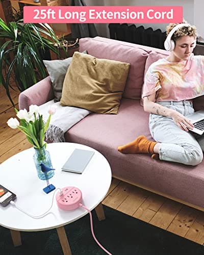 Extra Long Extension Cord 25 ft, NTONPOWER Rose Pink Flat Plug Power Strip with USB Ports, 3 Outlet 2 USB Desktop Charging Station Wall Mount for Home, Dorm Room, Office and Nightstand, ETL Listed - Thumbnail 2