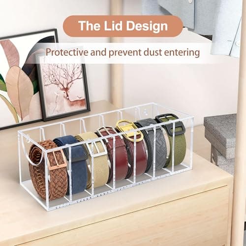 Oubou Belt Organizer, Acrylic Belt Storage Organizer for Closet with Dust Cover and Drawer,7 Compartments Transparent Display Case for Belts Best Gift for Men And Husband - Thumbnail 6