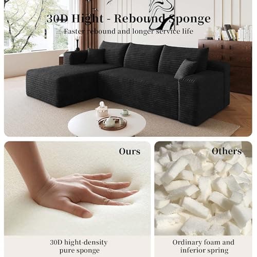 96" L Shaped Modular Sectional Sofa, Boneless Small Couch for Small Space, Corduroy Deep Seat Cloud Couch, No Assembly, Perfect for Apartment (Black, Left Facing Chaise) - Thumbnail 5