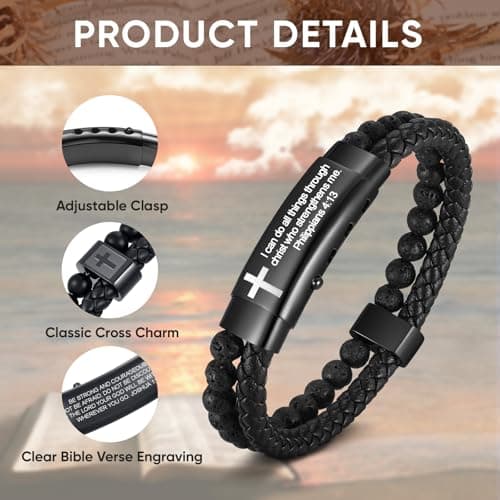 FLHEART Men's Christian Cross Black Leather Bracelet Gifts for Men, Double-Row Braided Leather Cross Bracelet Bible Verse Agate Onyx Beaded Bangle Gifts for Son Grandson Husband Boyfriend Brother - Thumbnail 3