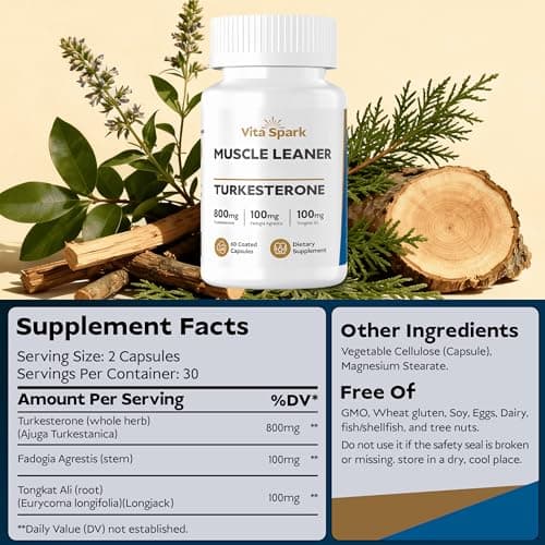 Vita Spark Turkesterone Muscle Leaner - 20:1 Extract 16,000mg with Tongkat Ali & Fadogia Agrestis, High Potency Men's Supplement for Performance, Energy, Vitality, Stamina & Strength |120 Capsules - Thumbnail 2
