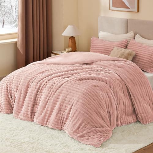 BEDELITE Fleece Full Comforter Set -Super Soft & Warm Fluffy Dusty Pink Bedding, Luxury Fuzzy Heavy Bed Set for Winter with 2 Pillow Cases - Thumbnail 2
