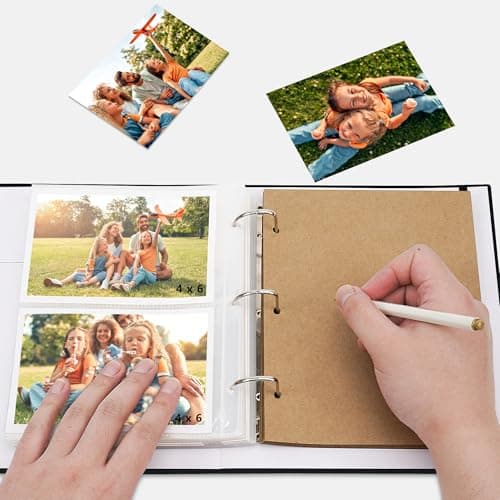 Vienrose Photo Album 4X6 60 Pockets, Linen Scrapbook Memory Book, 3 Ring Binder Album with 40 Writing Pages, and 20 Self-Adhesive Pages, Travel Family Wedding (Black) - Thumbnail 5