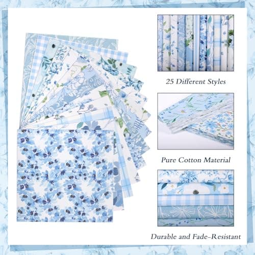 25 Pcs Blue Quilting Fabric Scraps, 10''x10'' Blue Cotton Fabric Squares Vintage Precut Quilt Kits Include Floral Stripes Printed Pattern for DIY Craft Supplies - Thumbnail 4