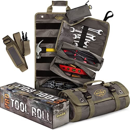 The Ryker PRO Official Roll Up Tool Bag Organizer Gifts for Dad. Motorcycle Tool Bag Organizer for Mechanic & Tools Storage Toolbag Tools Bags Mens gifts for him - w/4 Detachable Pouches & Wrench Roll - Image 1
