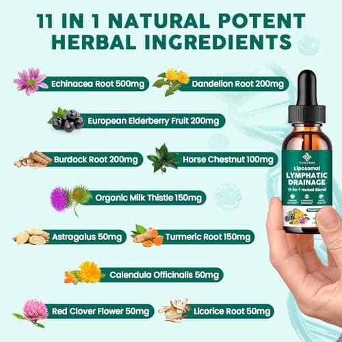Lymphatic Drainage Drops - 11 in 1 Lymphatic Supplement for Immune, Lymph System & Liver Detox - with Echinacea, Horse Chestnut, Dandelion, Elderberry & Burdock - Raspberry Flavor, Vegan, 2 Fl Oz - Thumbnail 2