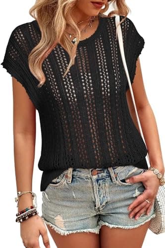 Arach&Cloz Womens Spring Summer 2024 Sweater Vest Cap Sleeve Crew Neck Knit Fashion Casual Sleeveless Tank Tops Clothes Black - Image 1