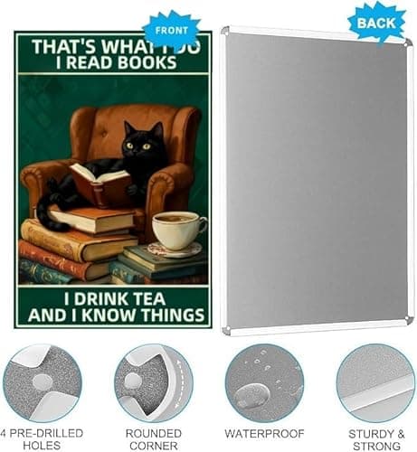 Carastora Cat Vintage Metal Sign - Funny Reading Cat and Coffee Design, Home Decor for Home, Office, Cafe, Bar or Garden Decoration, 8x12 Inch. - Thumbnail 5