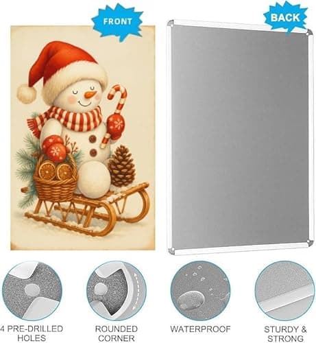 This two-piece vintage Santa and snowman holiday decoration tin plaque set measures 12 x 8 inches. Suitable for indoor and outdoor use, it makes a great winter decoration and gift. Perfect for display in your home, bathroom, garage, or patio. - Thumbnail 6