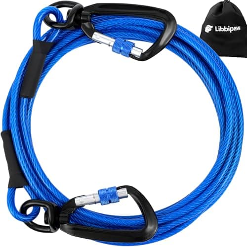 Libbipaw Dog Tie Out Cable 15FT Heavy Duty Chew Proof, Tangle-Free Runner with 360° Swivels & Locking Clip for Large Dogs Up to 250LBS - Rust Proof Leash for Yard, Camping, Outside (Blue 15FT)